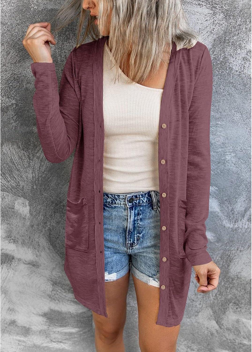 imageMEROKEETY Womens Lightweight Cardigan Summer Long Open Front Button Down Trendy Loose Outwear with PocketsMaroon