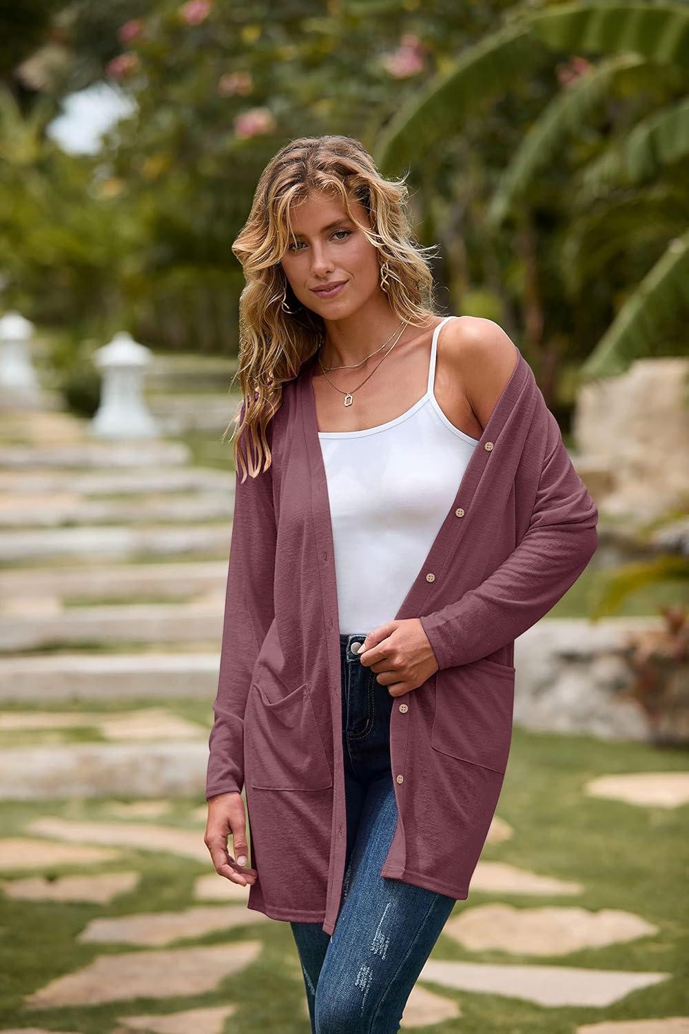 imageMEROKEETY Womens Lightweight Cardigan Summer Long Open Front Button Down Trendy Loose Outwear with PocketsMaroon