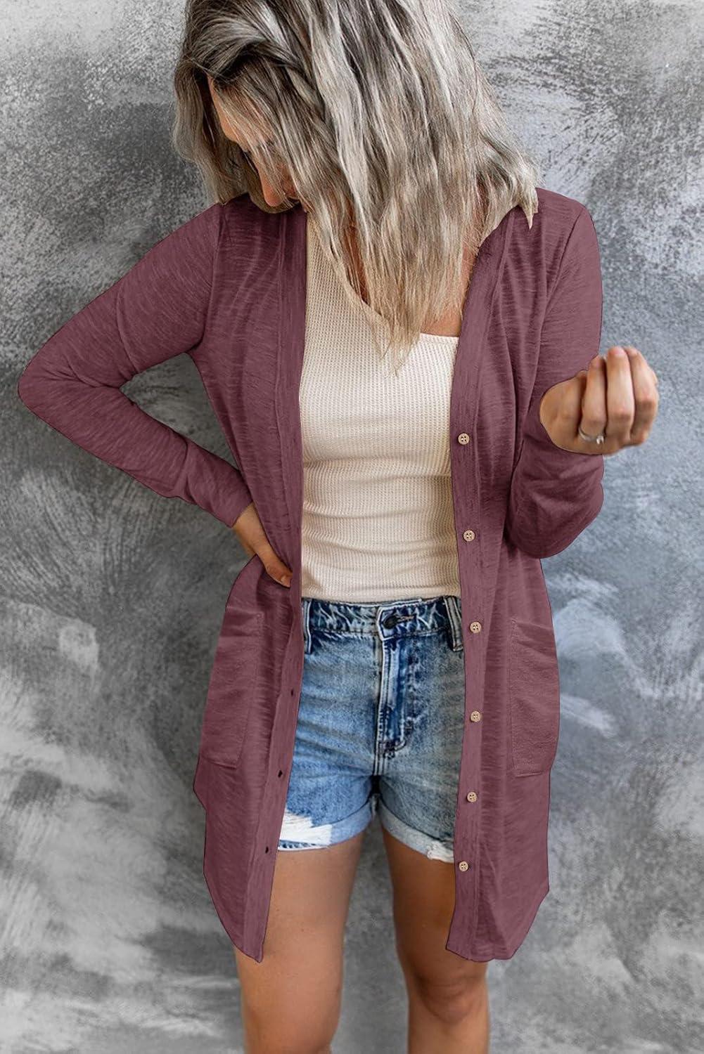 imageMEROKEETY Womens Lightweight Cardigan Summer Long Open Front Button Down Trendy Loose Outwear with PocketsMaroon