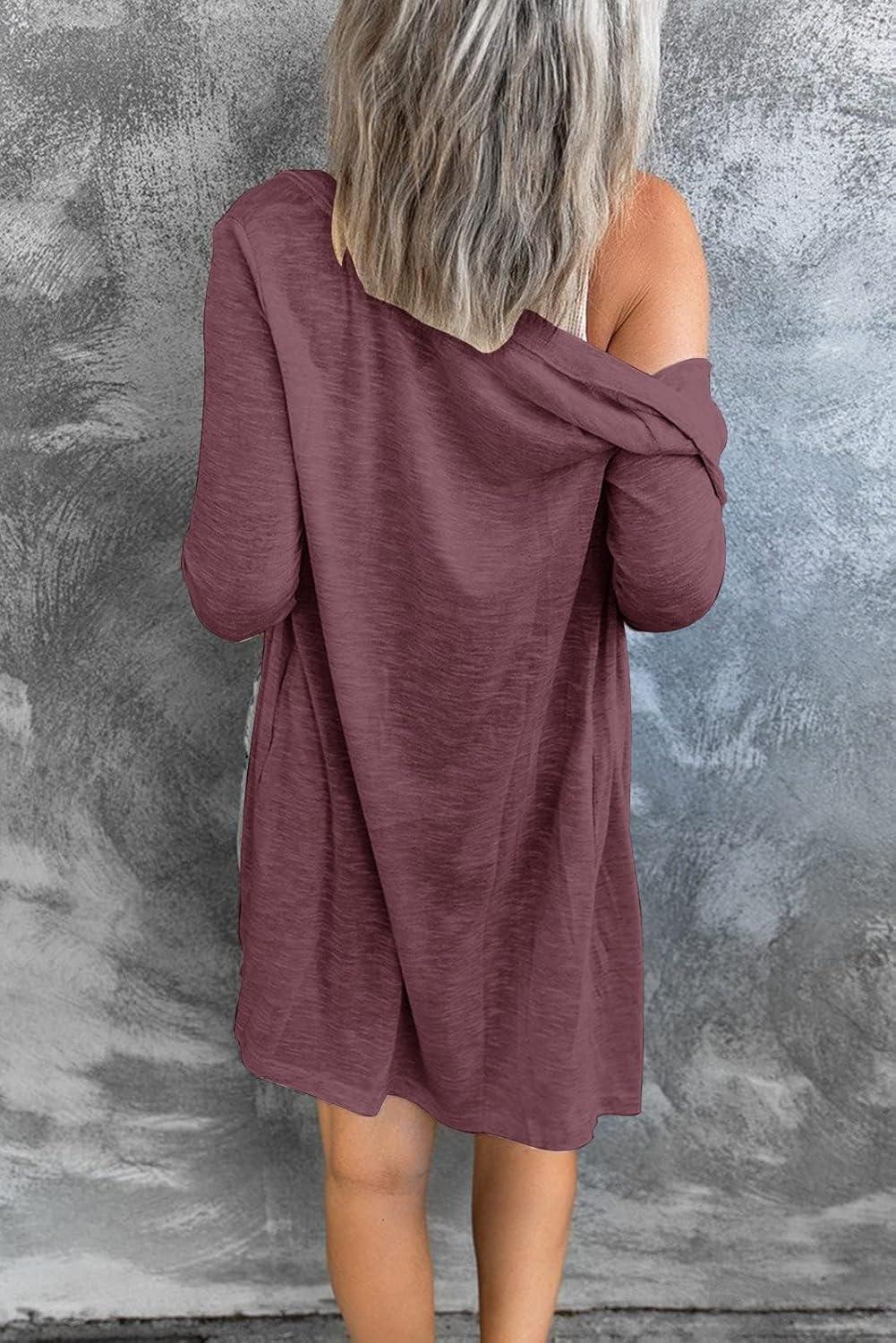 imageMEROKEETY Womens Lightweight Cardigan Summer Long Open Front Button Down Trendy Loose Outwear with PocketsMaroon