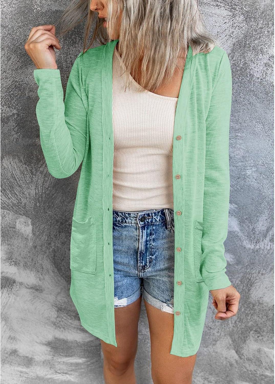 imageMEROKEETY Womens Lightweight Cardigan Summer Long Open Front Button Down Trendy Loose Outwear with PocketsMint