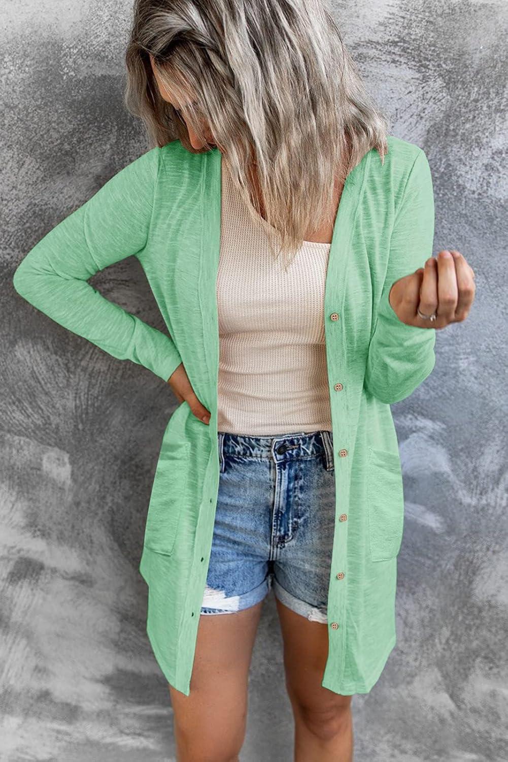 imageMEROKEETY Womens Lightweight Cardigan Summer Long Open Front Button Down Trendy Loose Outwear with PocketsMint