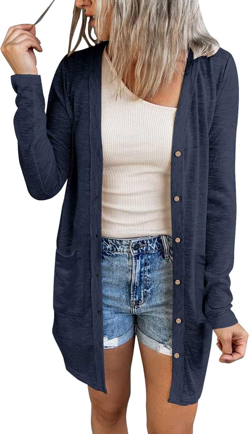 imageMEROKEETY Womens Lightweight Cardigan Summer Long Open Front Button Down Trendy Loose Outwear with PocketsNavy