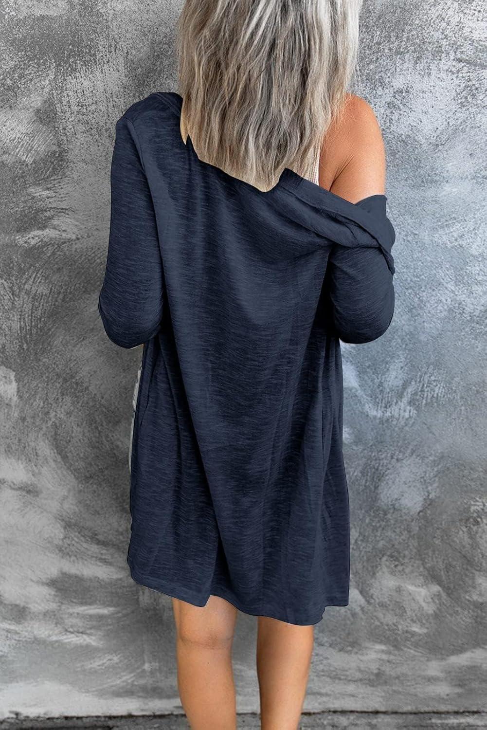 imageMEROKEETY Womens Lightweight Cardigan Summer Long Open Front Button Down Trendy Loose Outwear with PocketsNavy