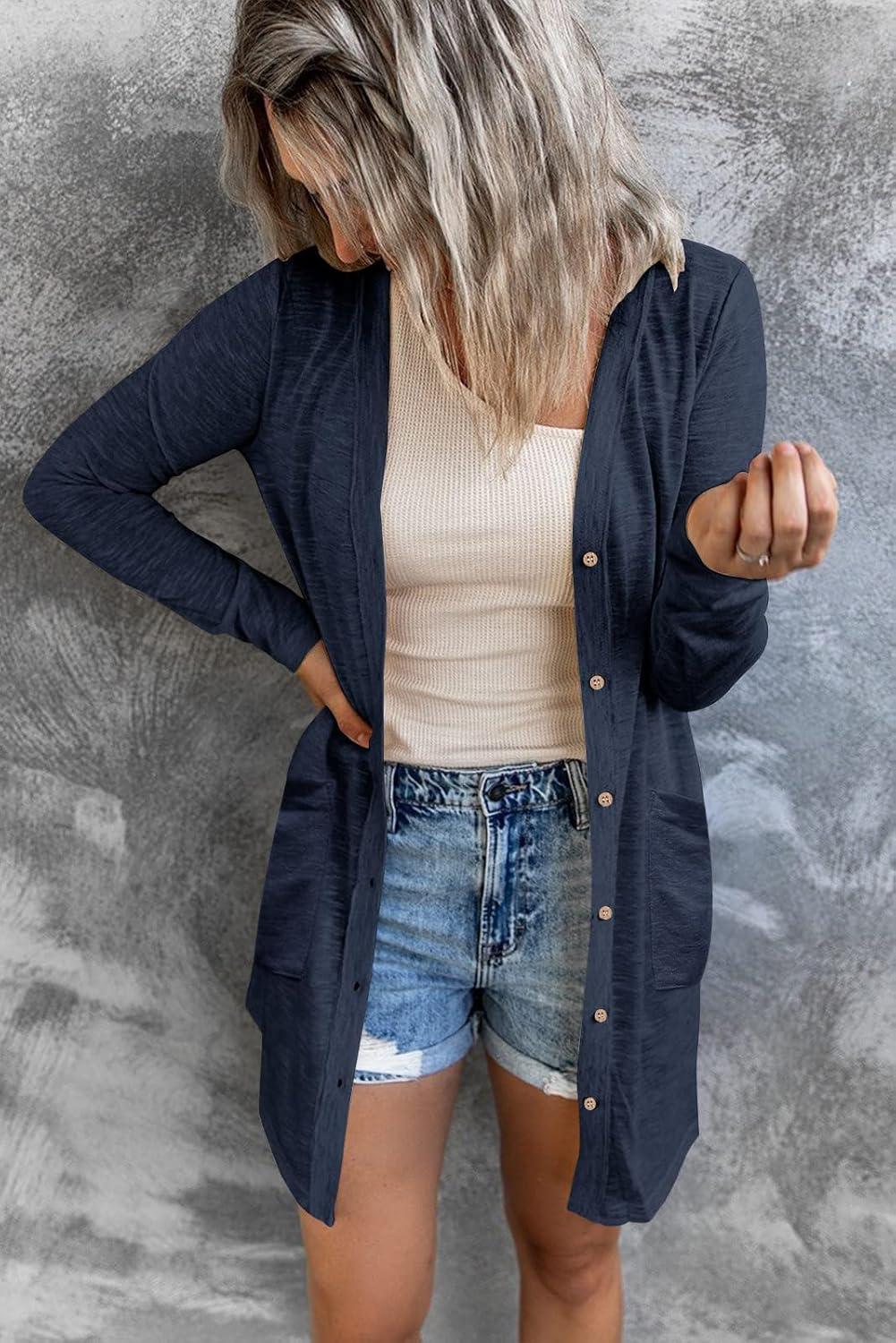 imageMEROKEETY Womens Lightweight Cardigan Summer Long Open Front Button Down Trendy Loose Outwear with PocketsNavy