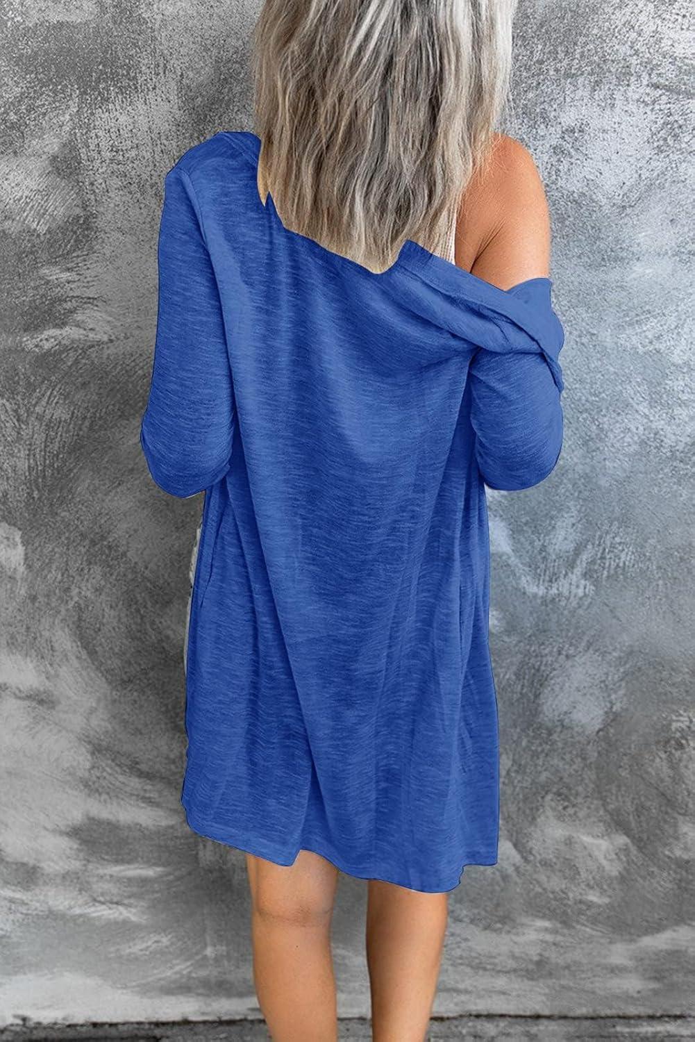 imageMEROKEETY Womens Lightweight Cardigan Summer Long Open Front Button Down Trendy Loose Outwear with PocketsRoyal