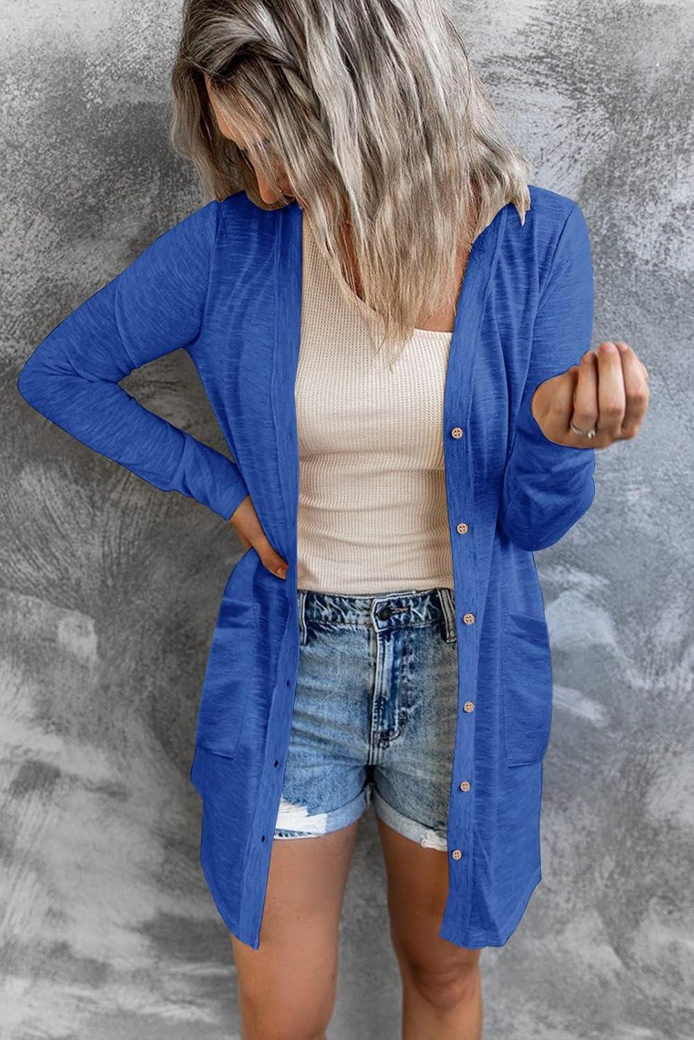 imageMEROKEETY Womens Lightweight Cardigan Summer Long Open Front Button Down Trendy Loose Outwear with PocketsRoyal
