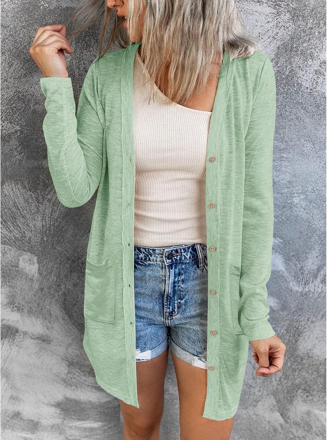 imageMEROKEETY Womens Lightweight Cardigan Summer Long Open Front Button Down Trendy Loose Outwear with PocketsSeagrass
