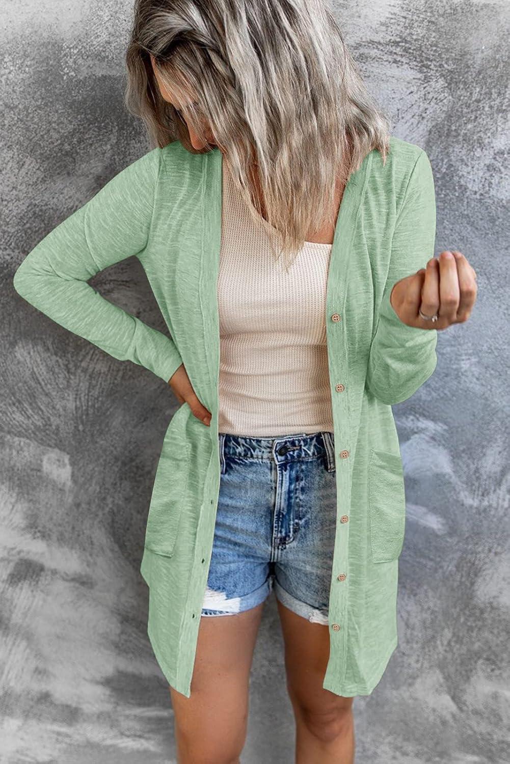 imageMEROKEETY Womens Lightweight Cardigan Summer Long Open Front Button Down Trendy Loose Outwear with PocketsSeagrass