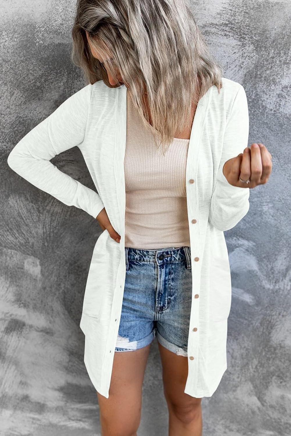 imageMEROKEETY Womens Lightweight Cardigan Summer Long Open Front Button Down Trendy Loose Outwear with PocketsWhite