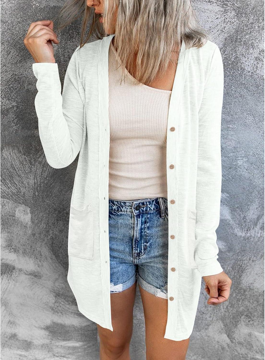 imageMEROKEETY Womens Lightweight Cardigan Summer Long Open Front Button Down Trendy Loose Outwear with PocketsWhite