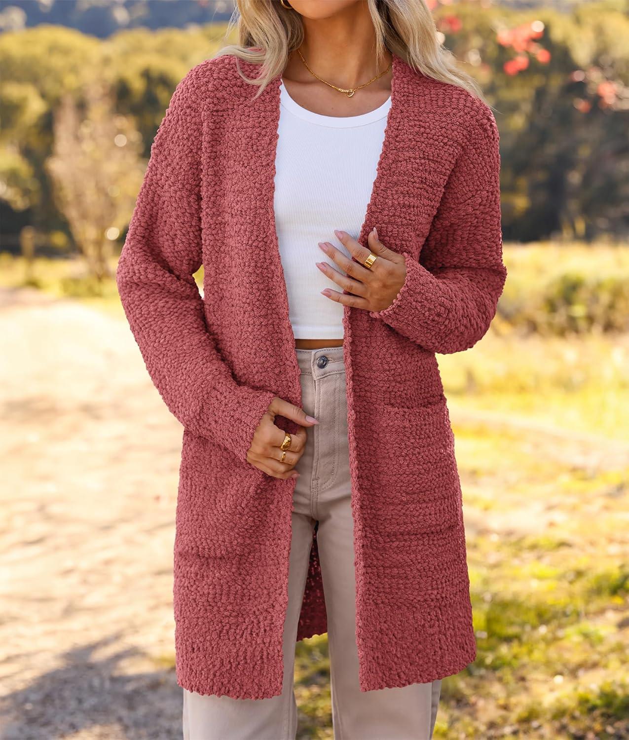 imageMEROKEETY Womens Long Sleeve Soft Chunky Knit Sweater Open Front Cardigans Outwear CoatAtea Rose