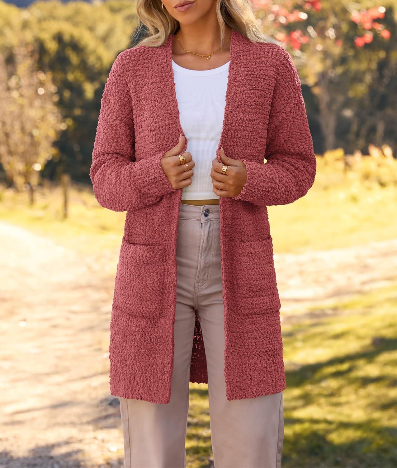 imageMEROKEETY Womens Long Sleeve Soft Chunky Knit Sweater Open Front Cardigans Outwear CoatAtea Rose