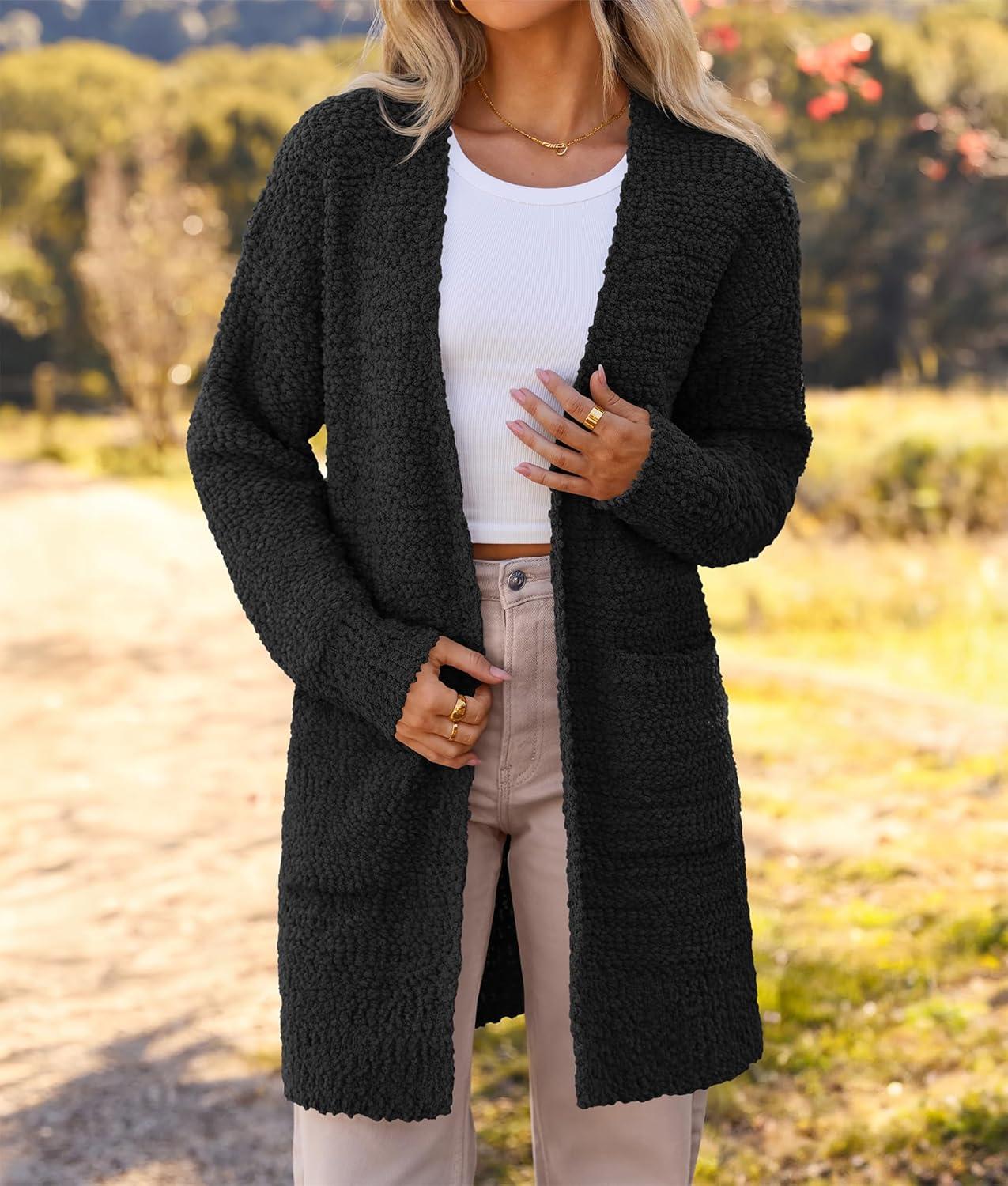imageMEROKEETY Womens Long Sleeve Soft Chunky Knit Sweater Open Front Cardigans Outwear CoatBlack
