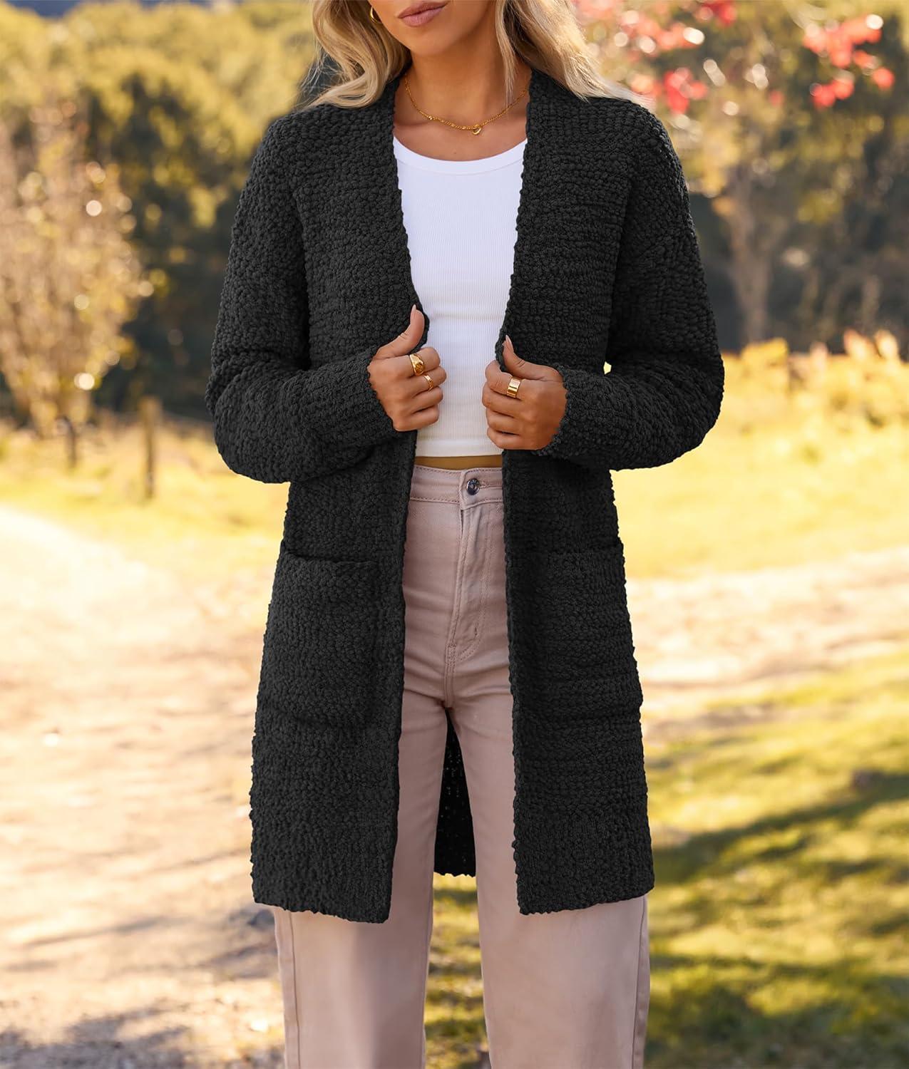 imageMEROKEETY Womens Long Sleeve Soft Chunky Knit Sweater Open Front Cardigans Outwear CoatBlack