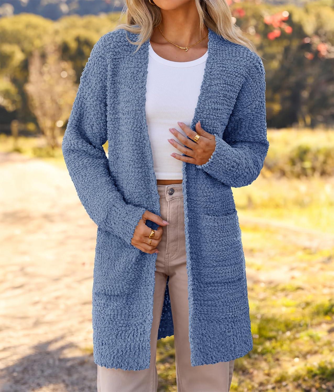 imageMEROKEETY Womens Long Sleeve Soft Chunky Knit Sweater Open Front Cardigans Outwear CoatDusty Blue