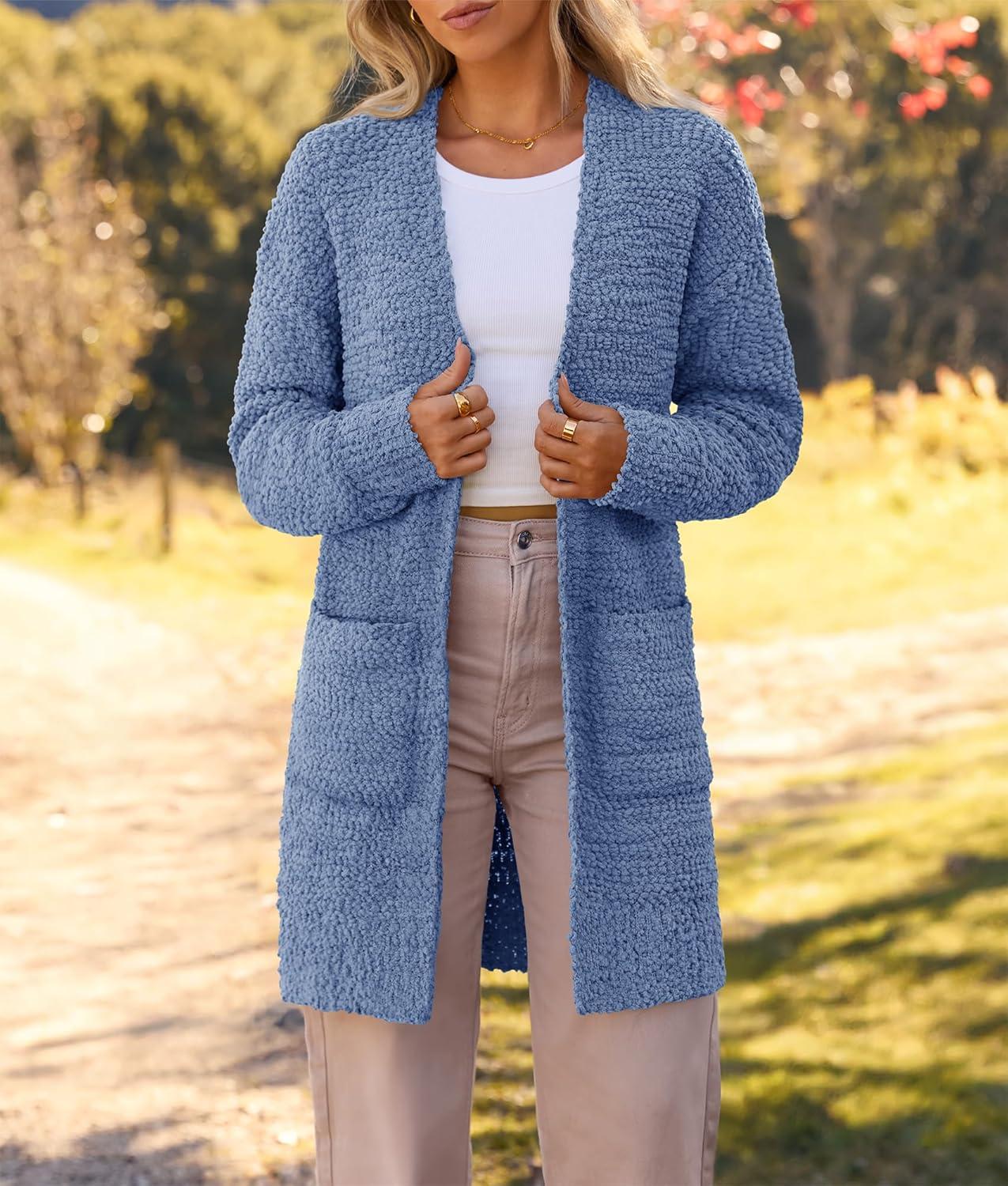 imageMEROKEETY Womens Long Sleeve Soft Chunky Knit Sweater Open Front Cardigans Outwear CoatDusty Blue