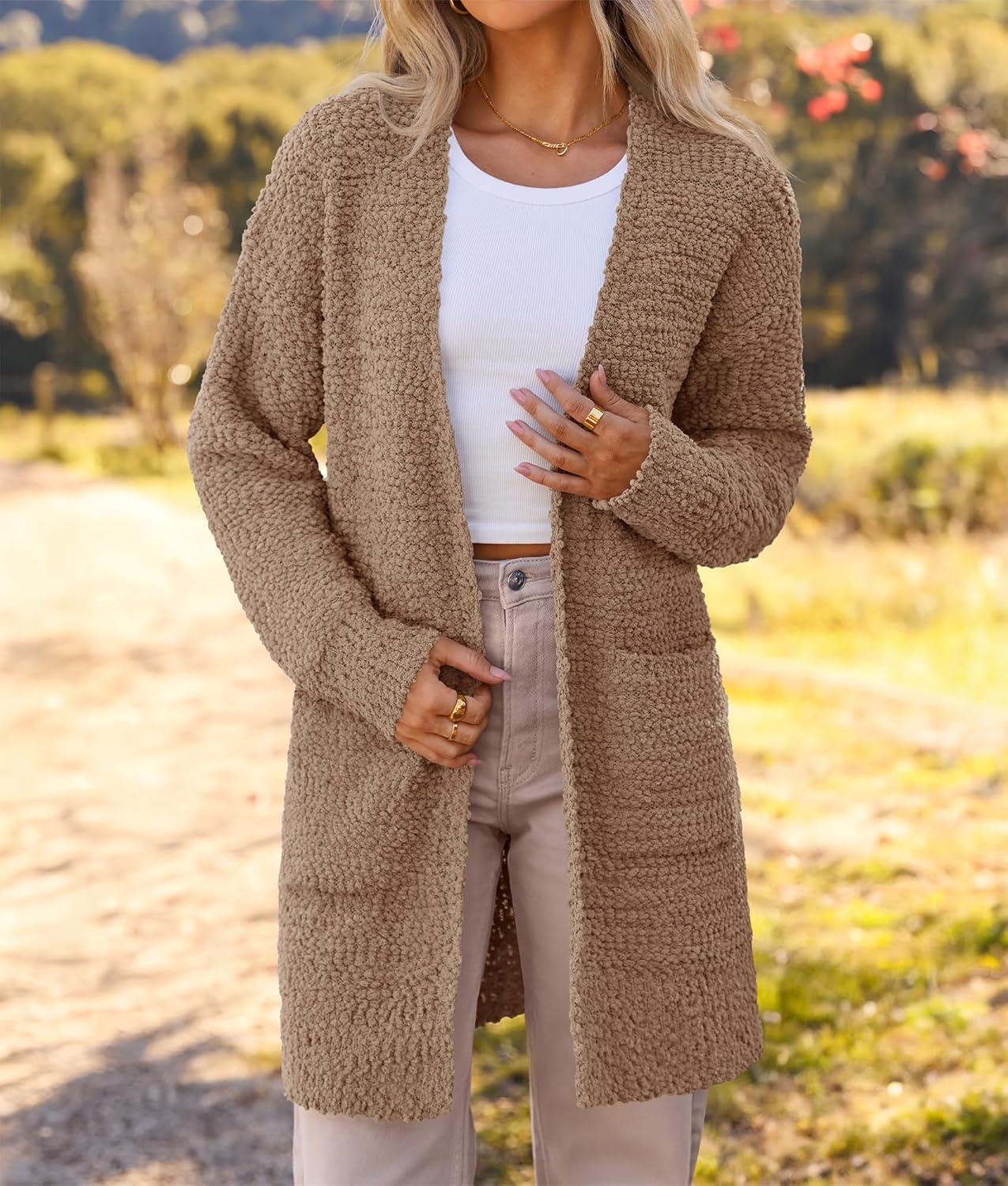 imageMEROKEETY Womens Long Sleeve Soft Chunky Knit Sweater Open Front Cardigans Outwear CoatMocha