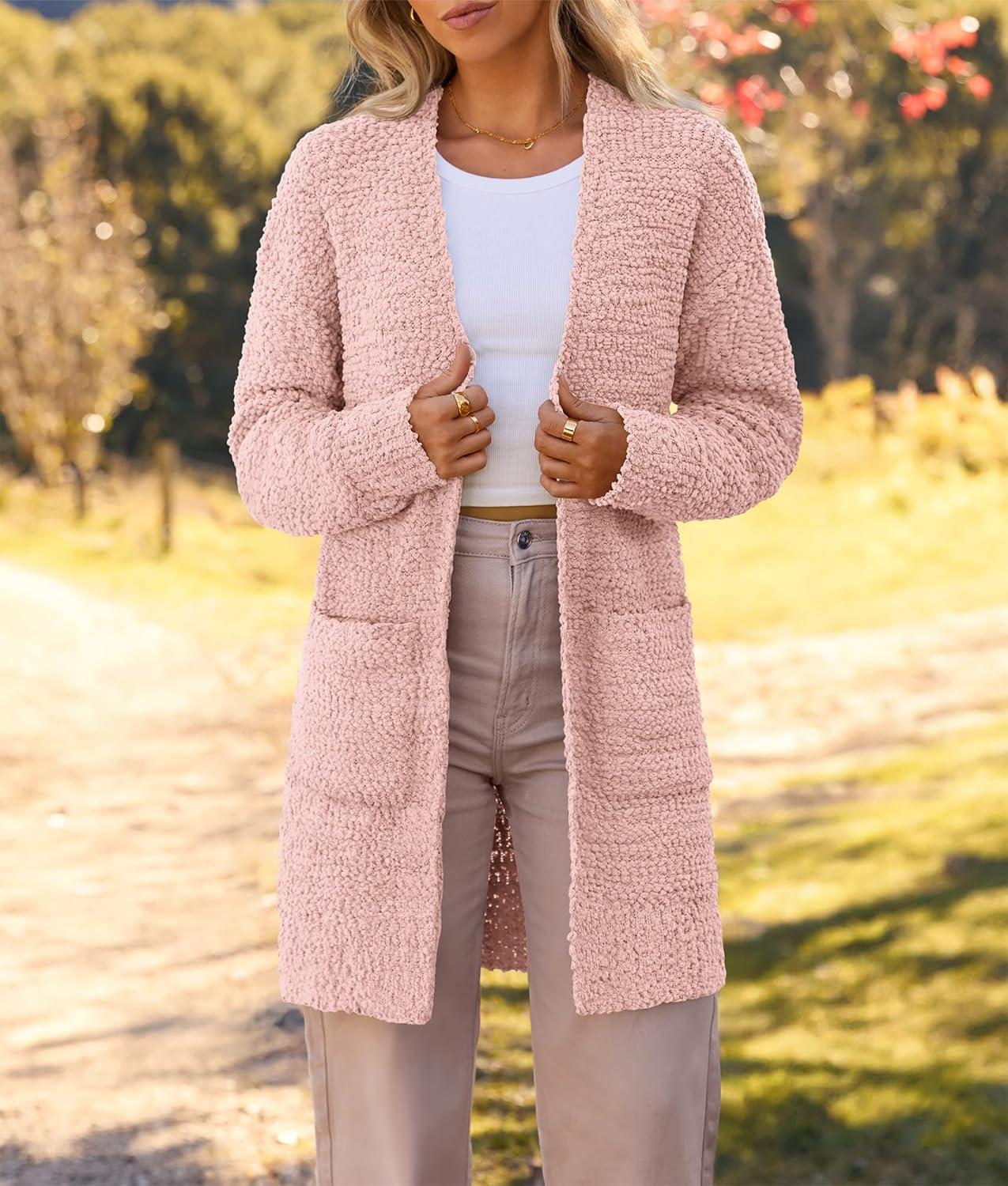 imageMEROKEETY Womens Long Sleeve Soft Chunky Knit Sweater Open Front Cardigans Outwear CoatPink