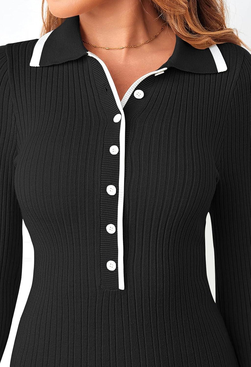 imageMEROKEETY Womens Long Sleeve V Neck Sweater Dress 2026 Fall Button Knit Pleated Mini Work DressesBlack