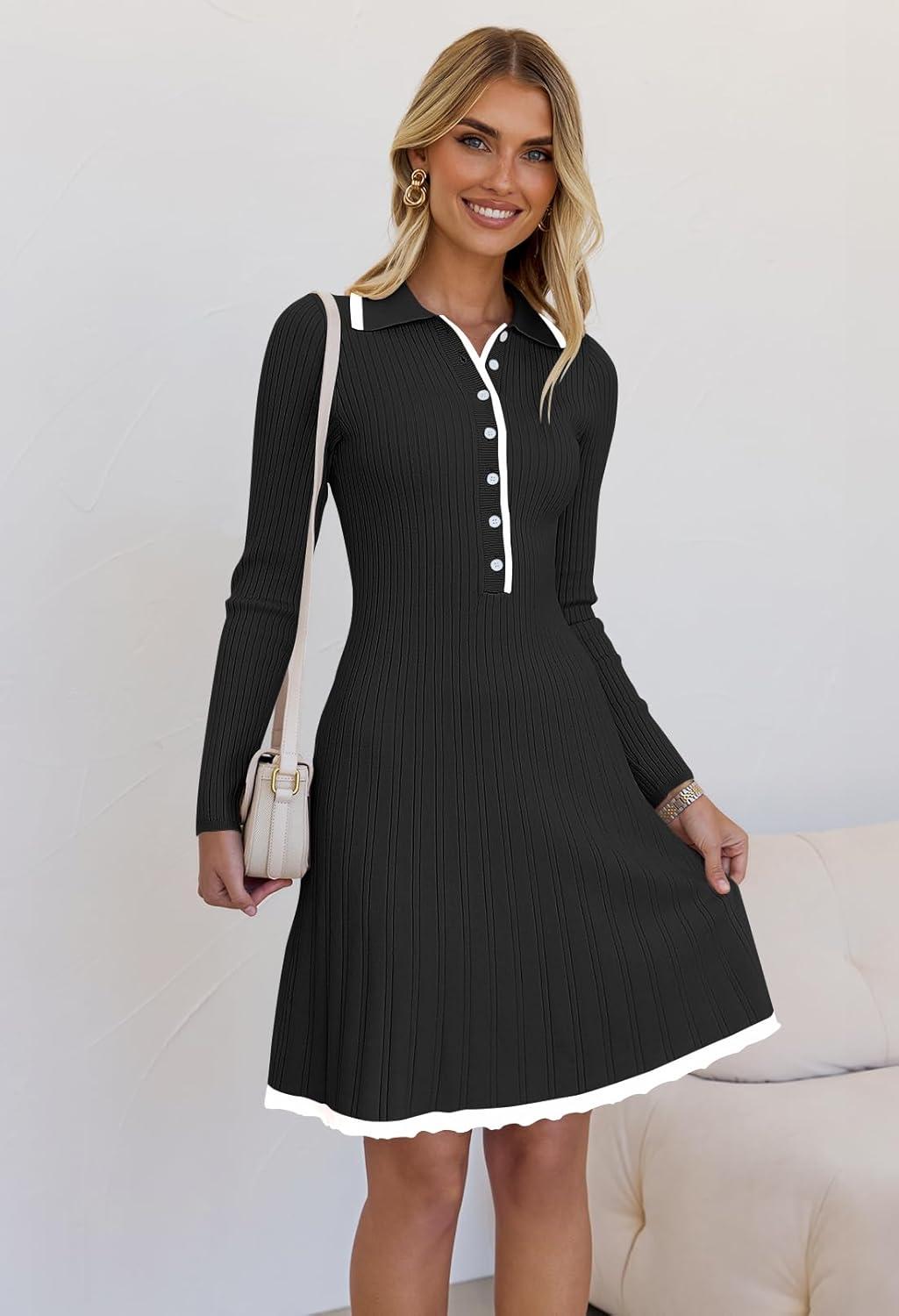 imageMEROKEETY Womens Long Sleeve V Neck Sweater Dress 2026 Fall Button Knit Pleated Mini Work DressesBlack