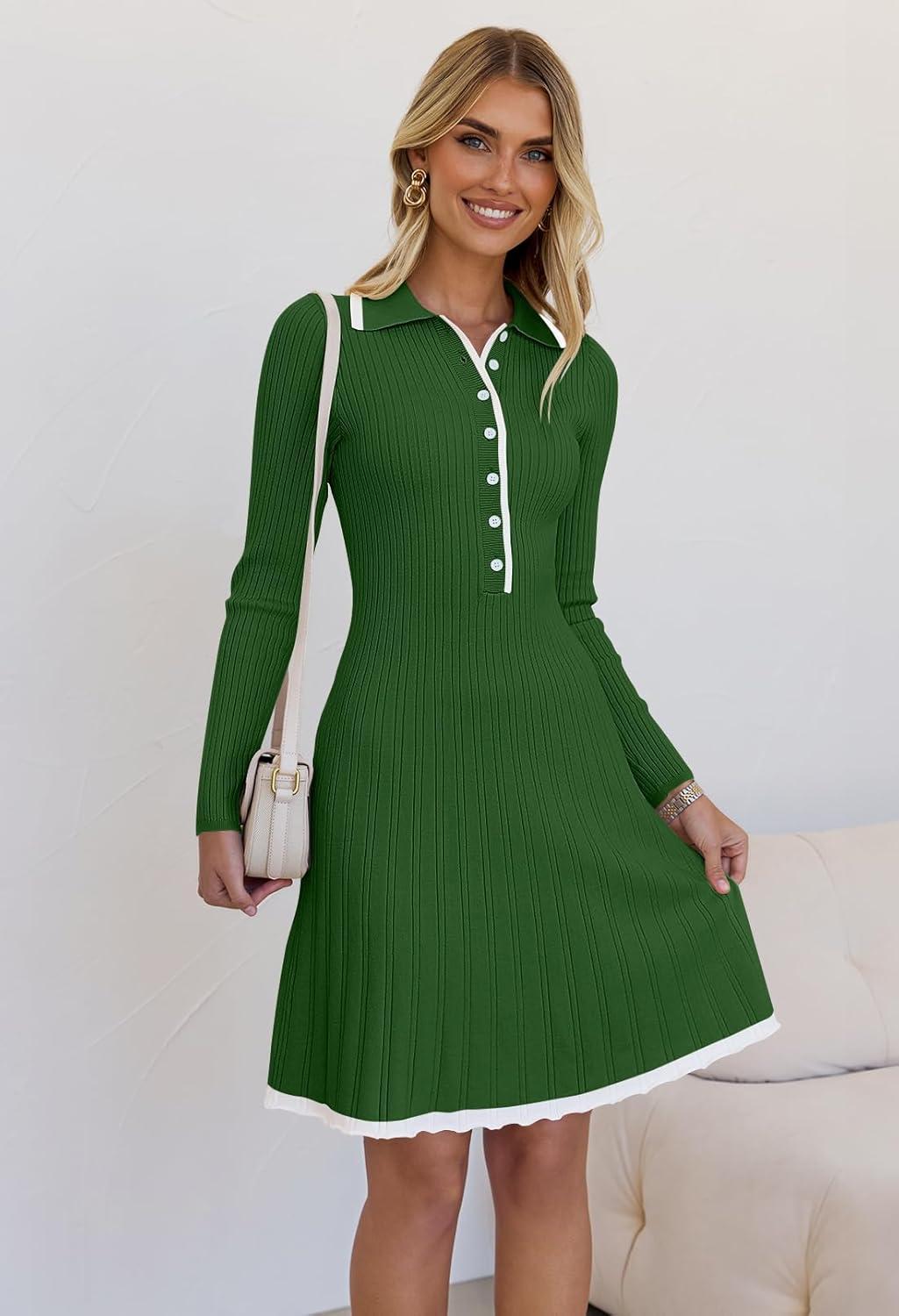imageMEROKEETY Womens Long Sleeve V Neck Sweater Dress 2026 Fall Button Knit Pleated Mini Work DressesGreen