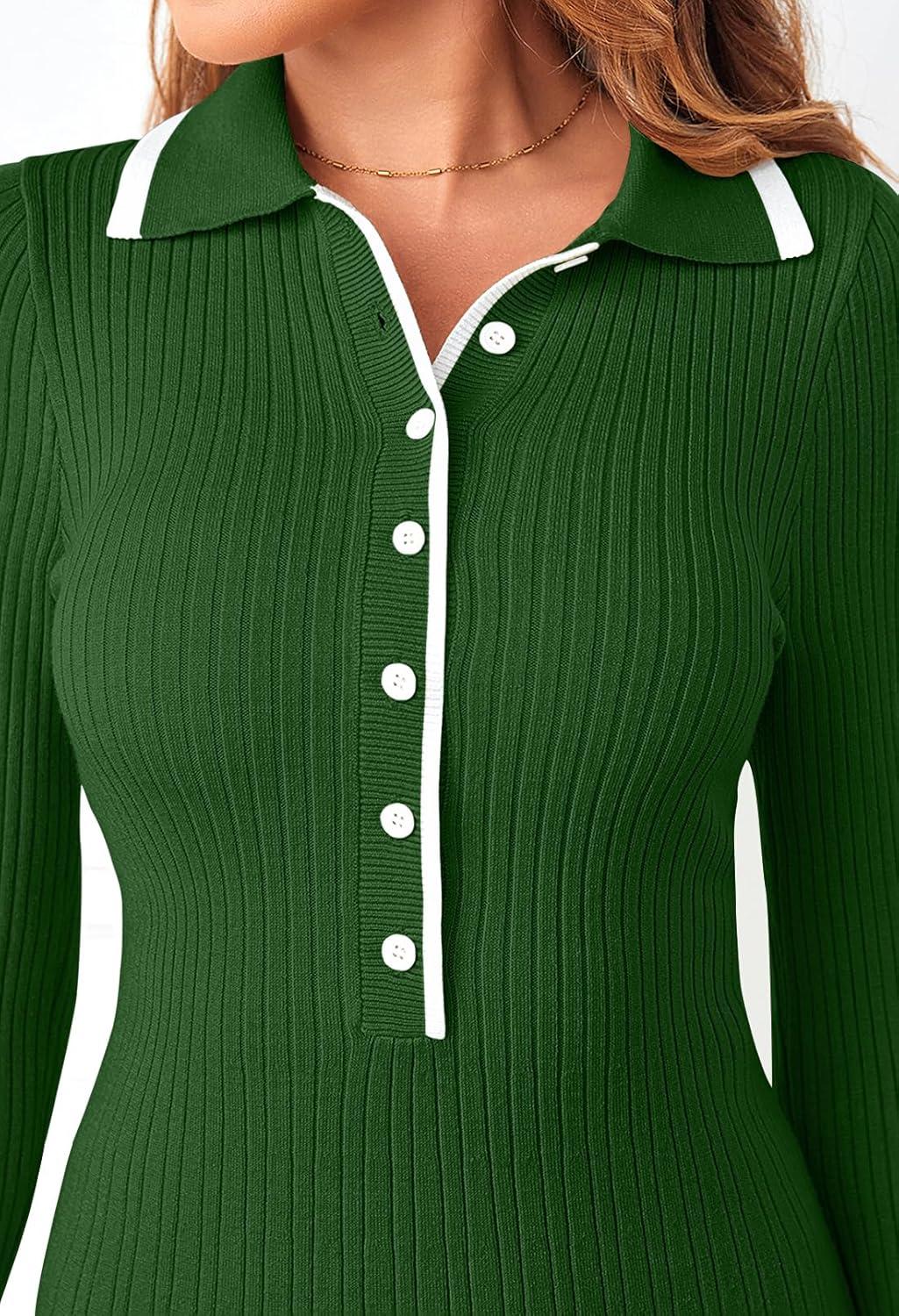 imageMEROKEETY Womens Long Sleeve V Neck Sweater Dress 2026 Fall Button Knit Pleated Mini Work DressesGreen
