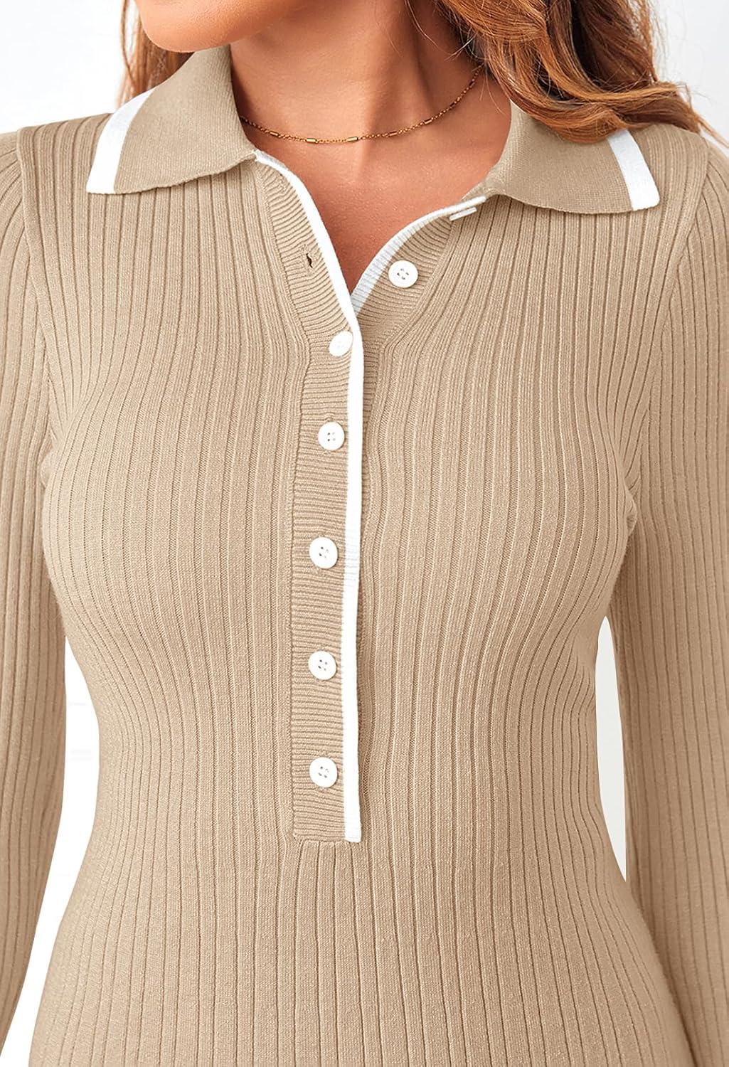 imageMEROKEETY Womens Long Sleeve V Neck Sweater Dress 2026 Fall Button Knit Pleated Mini Work DressesKhaki