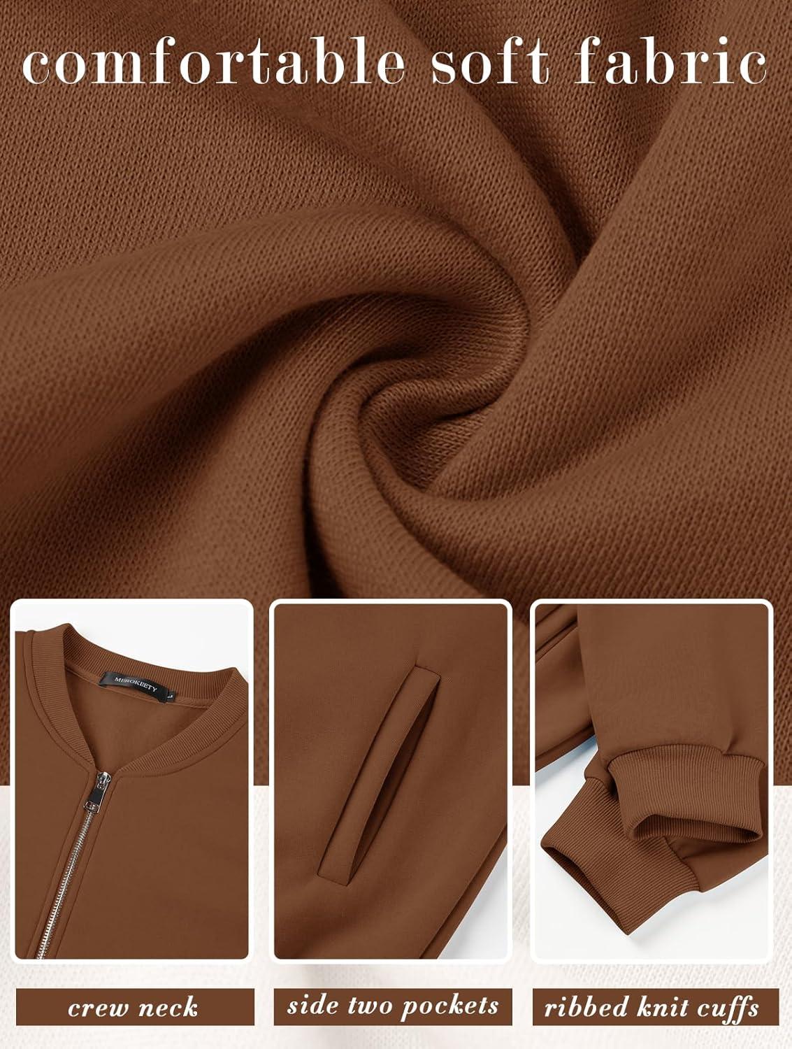 imageMEROKEETY Womens Long Sleeve Zip Up Sweatshirts Jackets Casual Loose Outwear with PocketsBrown
