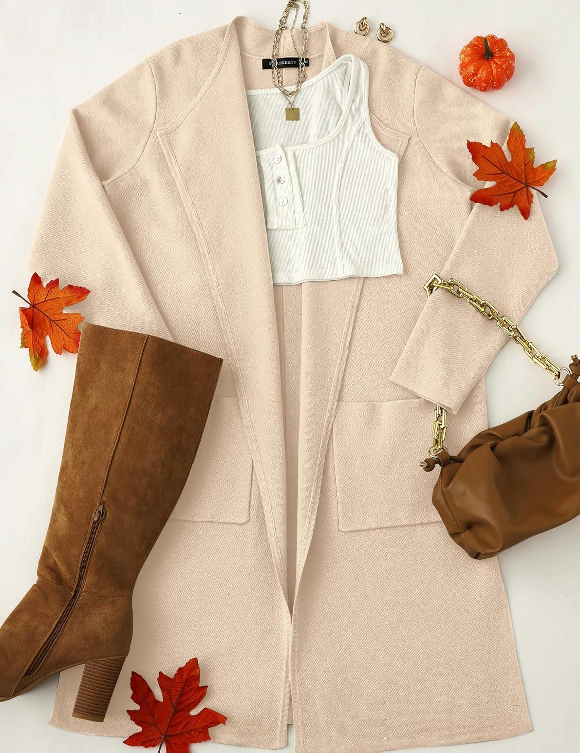 imageMEROKEETY Womens Open Front Coatigan Sweater Long Sleeve Casual Knit Lapel Cardigan Coat with PocketsApricot