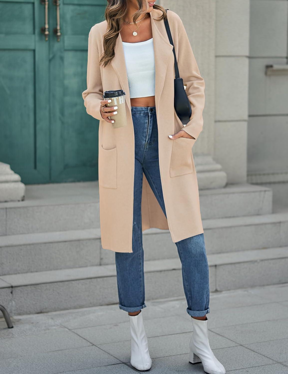 imageMEROKEETY Womens Open Front Coatigan Sweater Long Sleeve Casual Knit Lapel Cardigan Coat with PocketsApricot