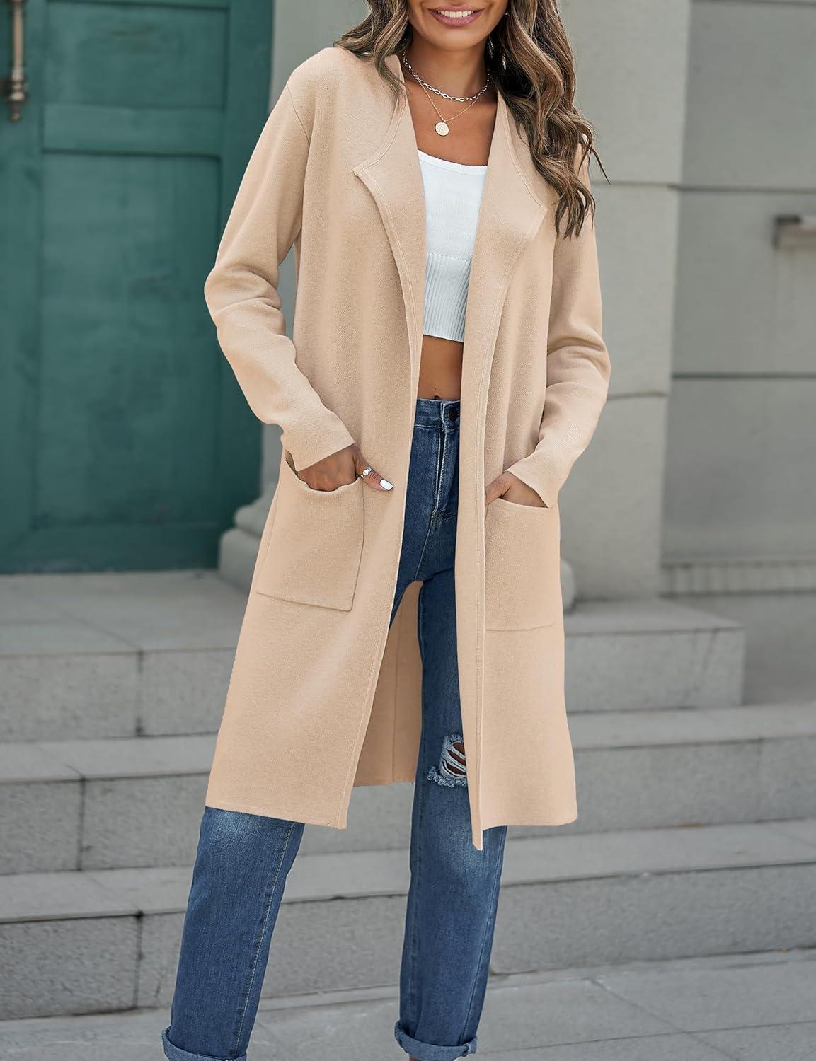 imageMEROKEETY Womens Open Front Coatigan Sweater Long Sleeve Casual Knit Lapel Cardigan Coat with PocketsApricot