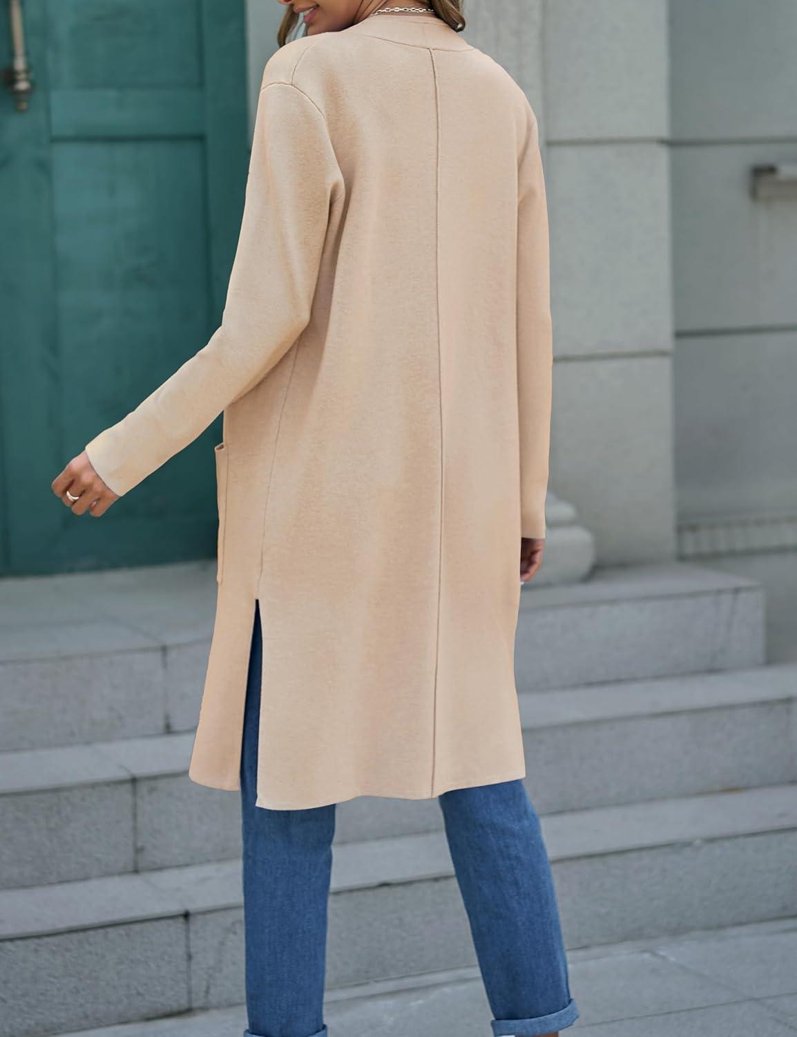 imageMEROKEETY Womens Open Front Coatigan Sweater Long Sleeve Casual Knit Lapel Cardigan Coat with PocketsApricot