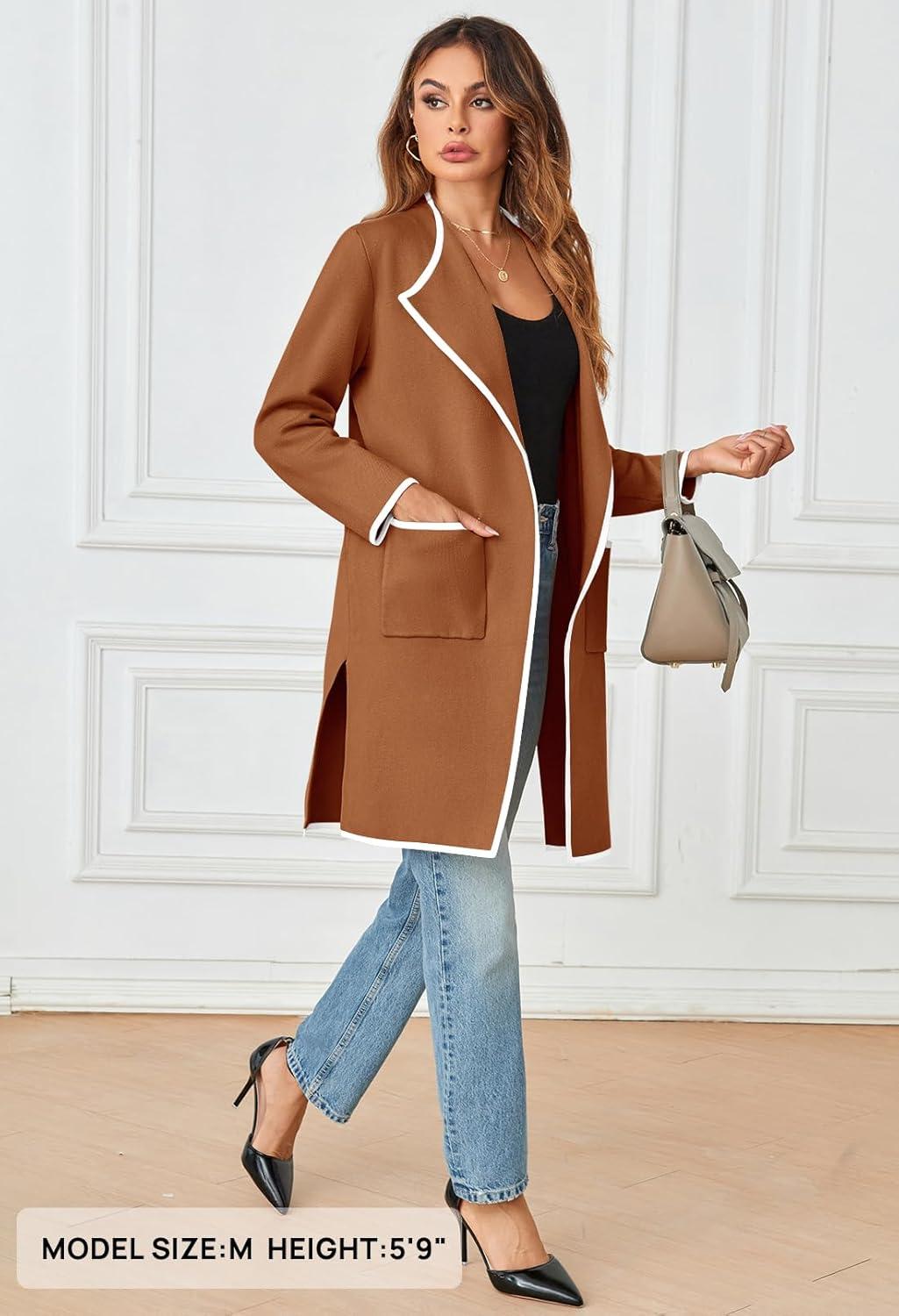 imageMEROKEETY Womens Open Front Coatigan Sweater Long Sleeve Casual Knit Lapel Cardigan Coat with PocketsBlock Caramel