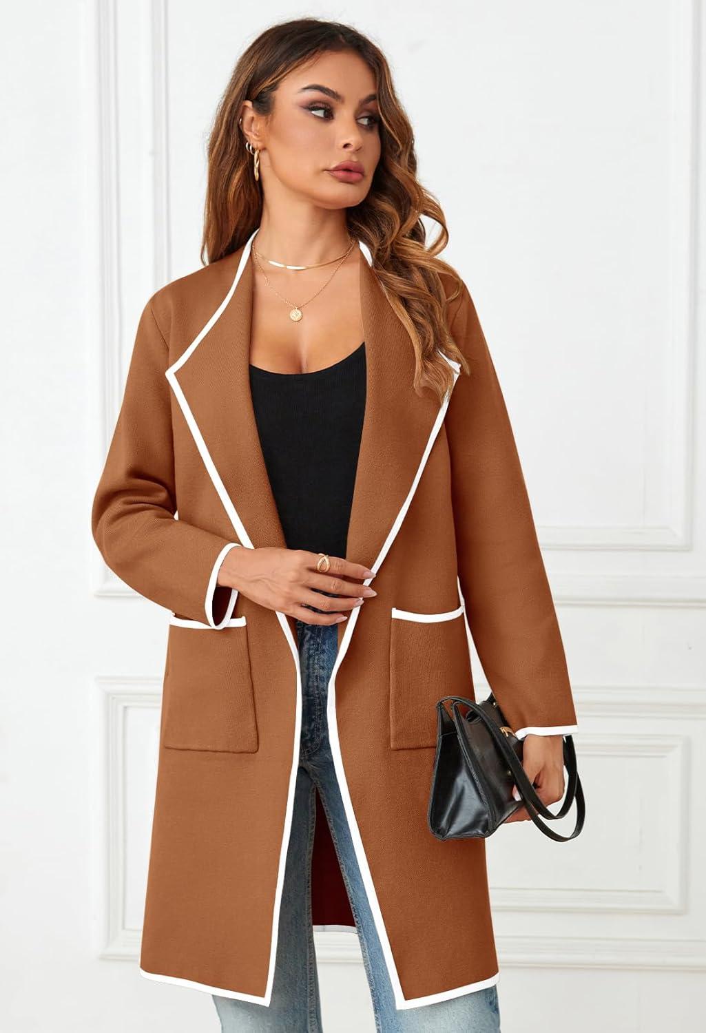 imageMEROKEETY Womens Open Front Coatigan Sweater Long Sleeve Casual Knit Lapel Cardigan Coat with PocketsBlock Caramel