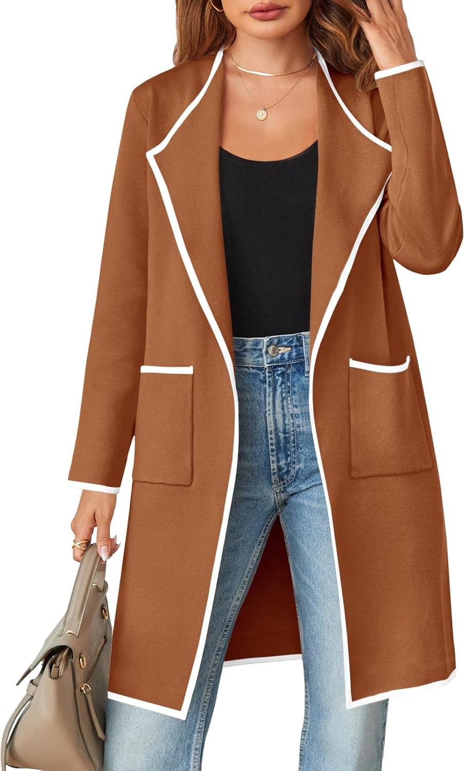 imageMEROKEETY Womens Open Front Coatigan Sweater Long Sleeve Casual Knit Lapel Cardigan Coat with PocketsBlock Caramel