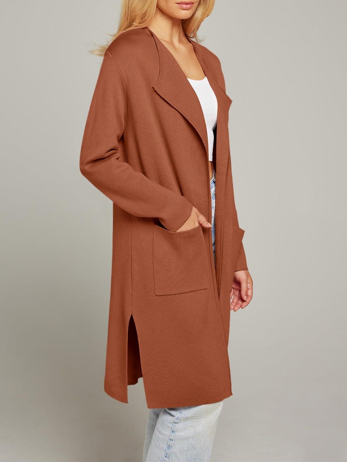 imageMEROKEETY Womens Open Front Coatigan Sweater Long Sleeve Casual Knit Lapel Cardigan Coat with PocketsCaramel