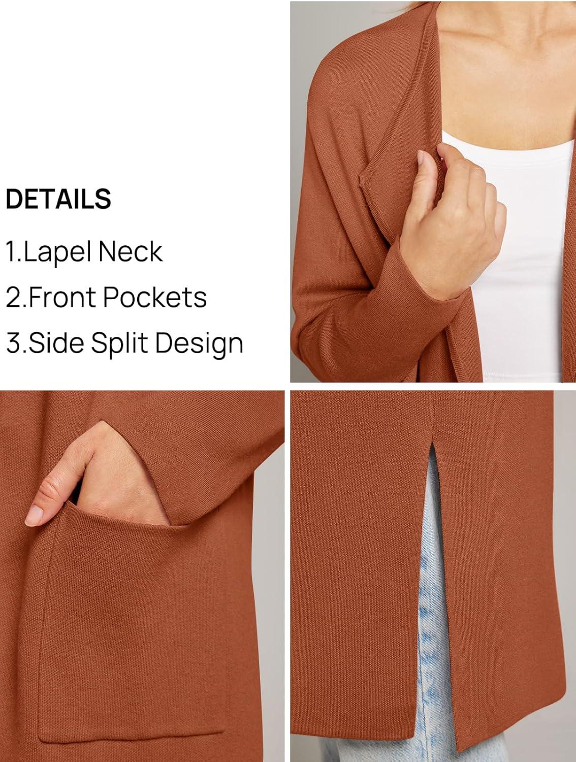 imageMEROKEETY Womens Open Front Coatigan Sweater Long Sleeve Casual Knit Lapel Cardigan Coat with PocketsCaramel