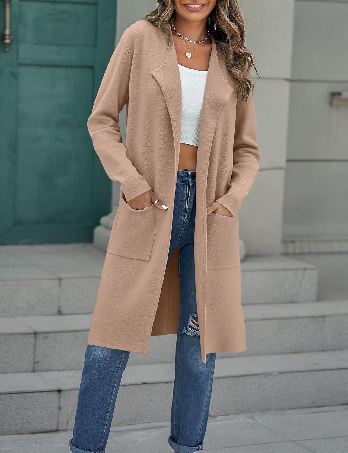 imageMEROKEETY Womens Open Front Coatigan Sweater Long Sleeve Casual Knit Lapel Cardigan Coat with PocketsKhaki
