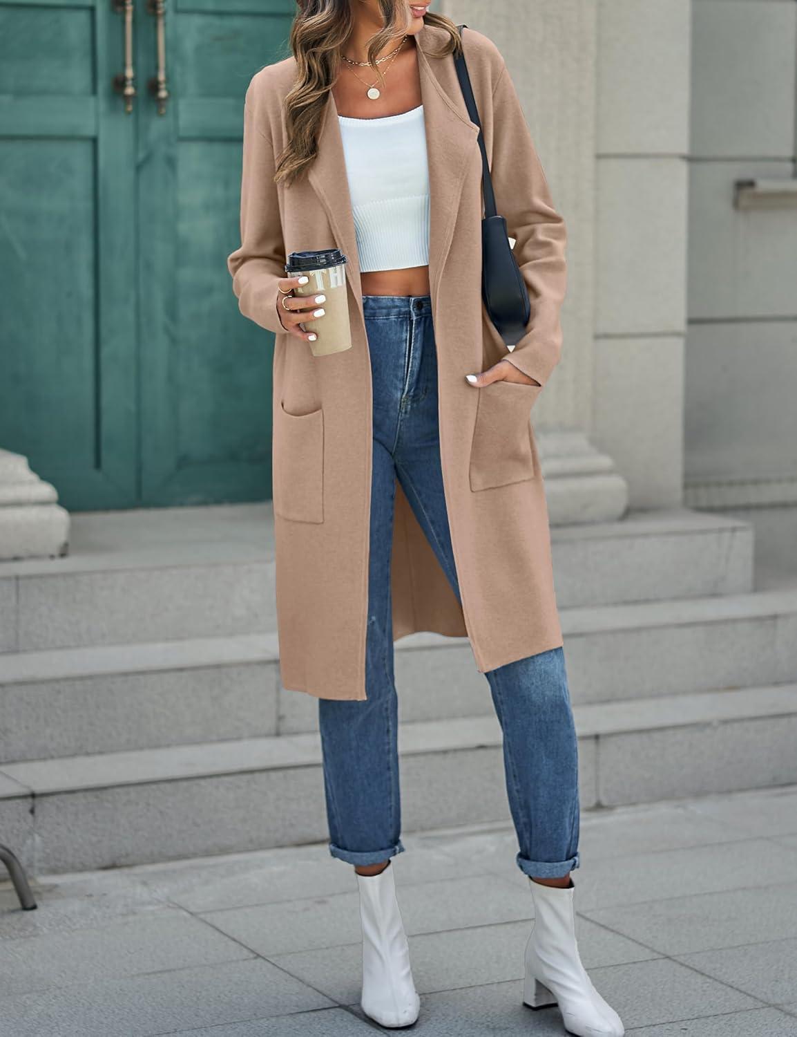 imageMEROKEETY Womens Open Front Coatigan Sweater Long Sleeve Casual Knit Lapel Cardigan Coat with PocketsKhaki