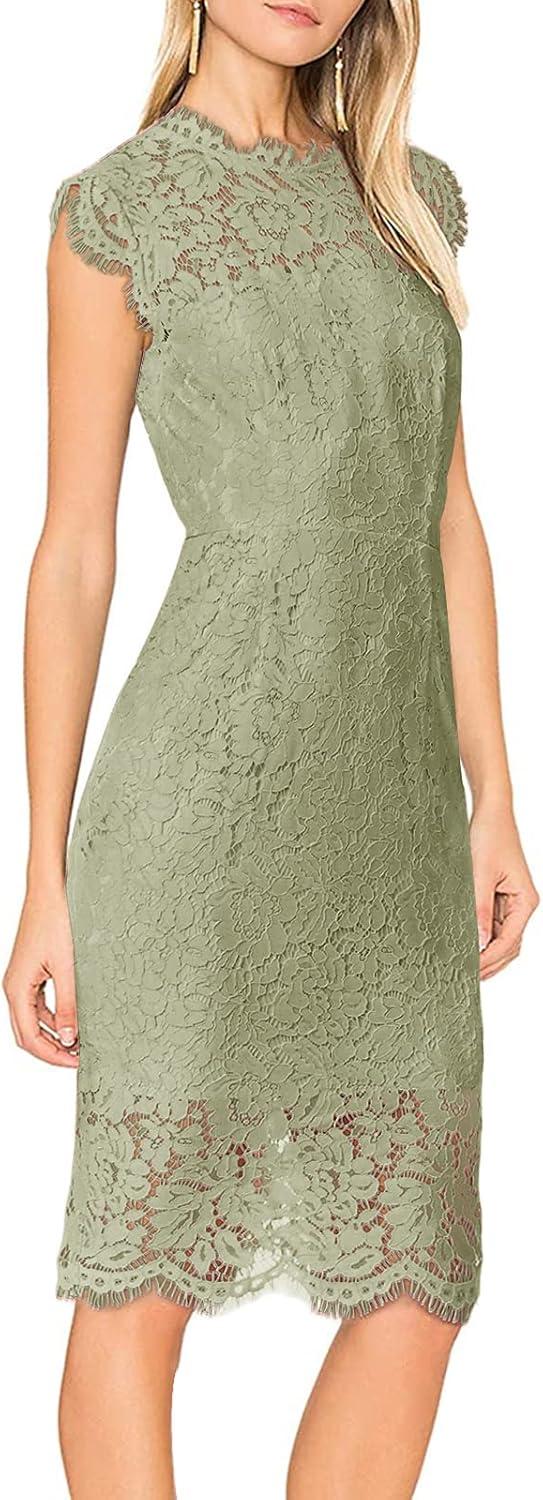 imageMEROKEETY Womens Sleeveless Lace Floral Elegant Cocktail Dress Crew Neck Knee Length for PartyLight Olive
