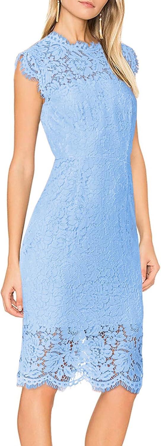 imageMEROKEETY Womens Sleeveless Lace Floral Elegant Cocktail Dress Crew Neck Knee Length for PartyPowder Blue