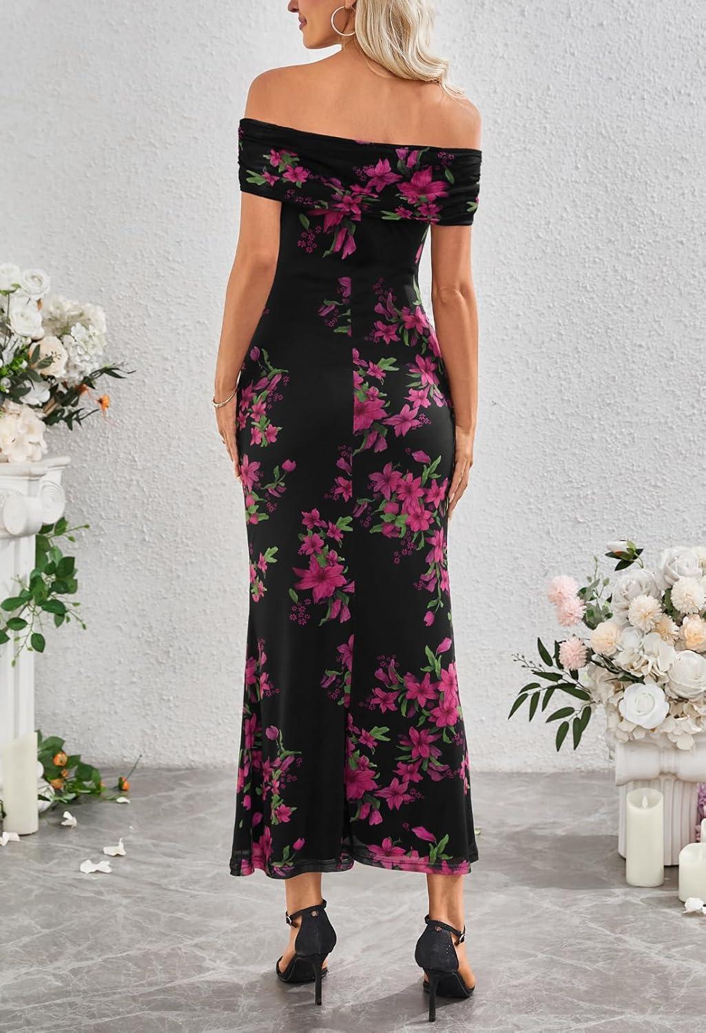imageMEROKEETY Womens Spring Off Shoulder Floral Maxi Dress 2026 Summer Formal Beach Wedding Guest Cocktail Bodycon DressesBlack