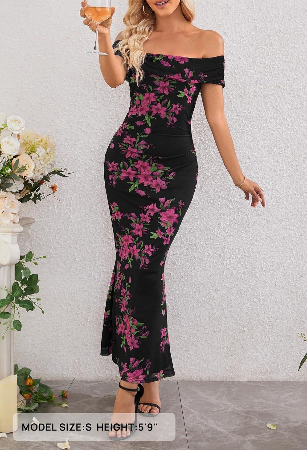 imageMEROKEETY Womens Spring Off Shoulder Floral Maxi Dress 2026 Summer Formal Beach Wedding Guest Cocktail Bodycon DressesBlack