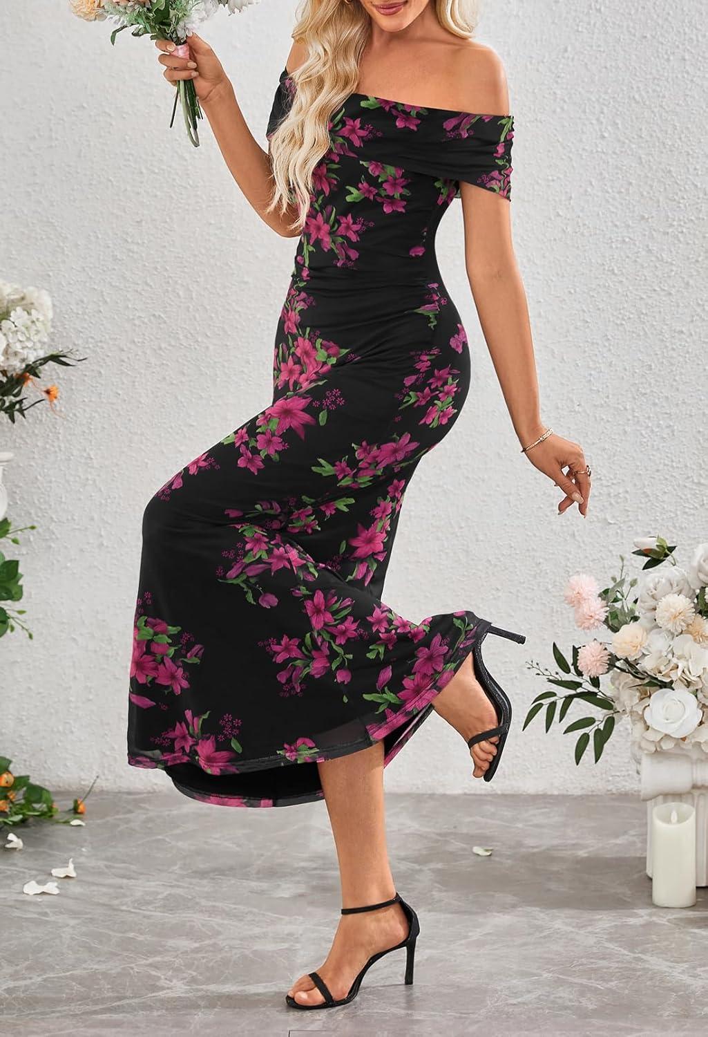 imageMEROKEETY Womens Spring Off Shoulder Floral Maxi Dress 2026 Summer Formal Beach Wedding Guest Cocktail Bodycon DressesBlack