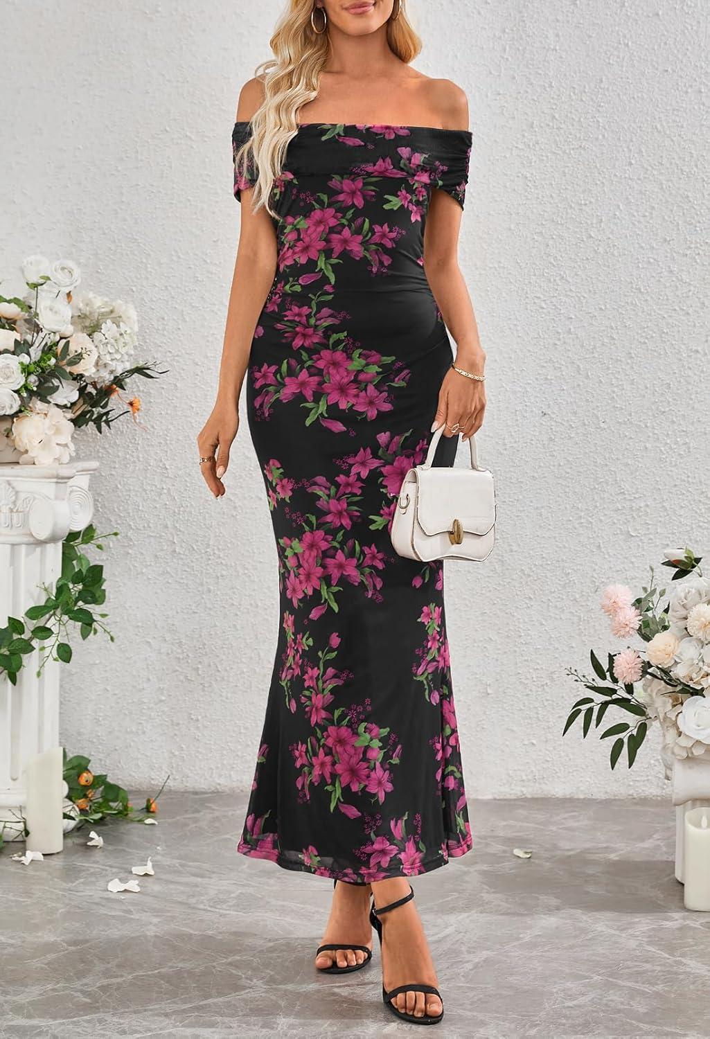 imageMEROKEETY Womens Spring Off Shoulder Floral Maxi Dress 2026 Summer Formal Beach Wedding Guest Cocktail Bodycon DressesBlack
