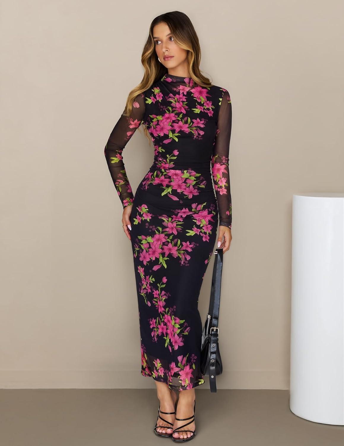 imageMEROKEETY Womens Spring Wedding Guest Dress 2026 Long Sleeve Bodycon Floral Mesh Fall Cocktail Holiday Party Maxi Dresses