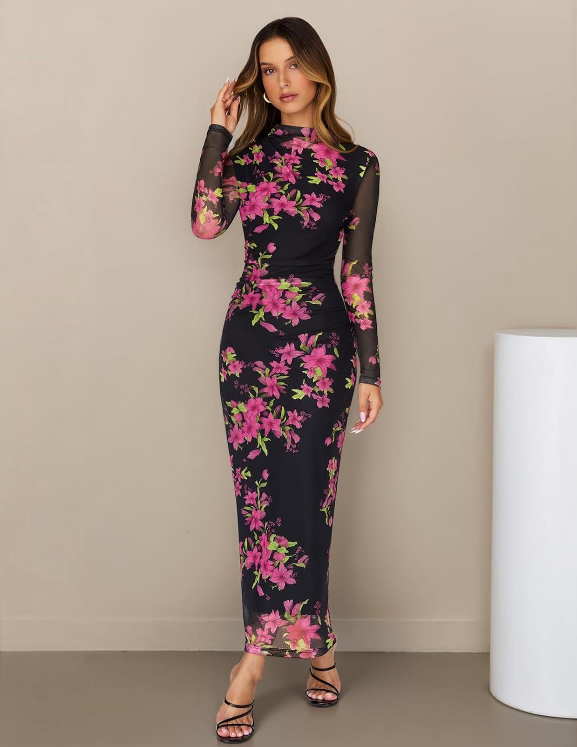 imageMEROKEETY Womens Spring Wedding Guest Dress 2026 Long Sleeve Bodycon Floral Mesh Fall Cocktail Holiday Party Maxi Dresses