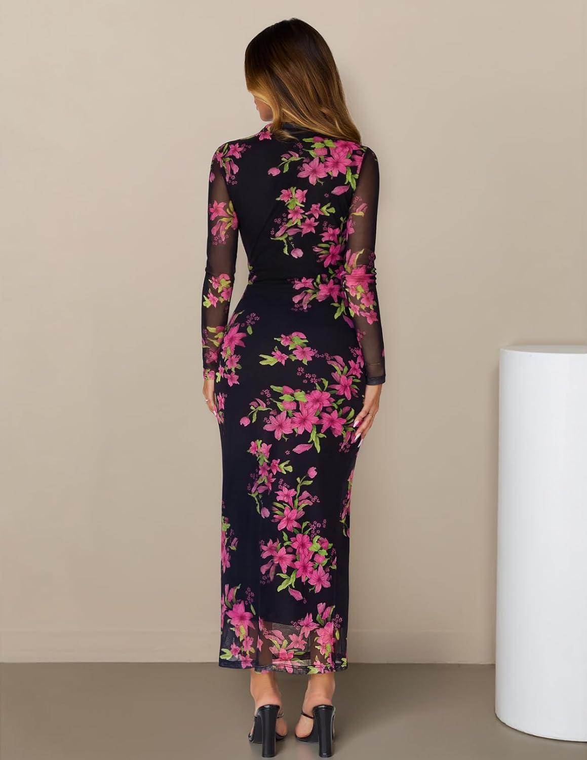 imageMEROKEETY Womens Spring Wedding Guest Dress 2026 Long Sleeve Bodycon Floral Mesh Fall Cocktail Holiday Party Maxi Dresses