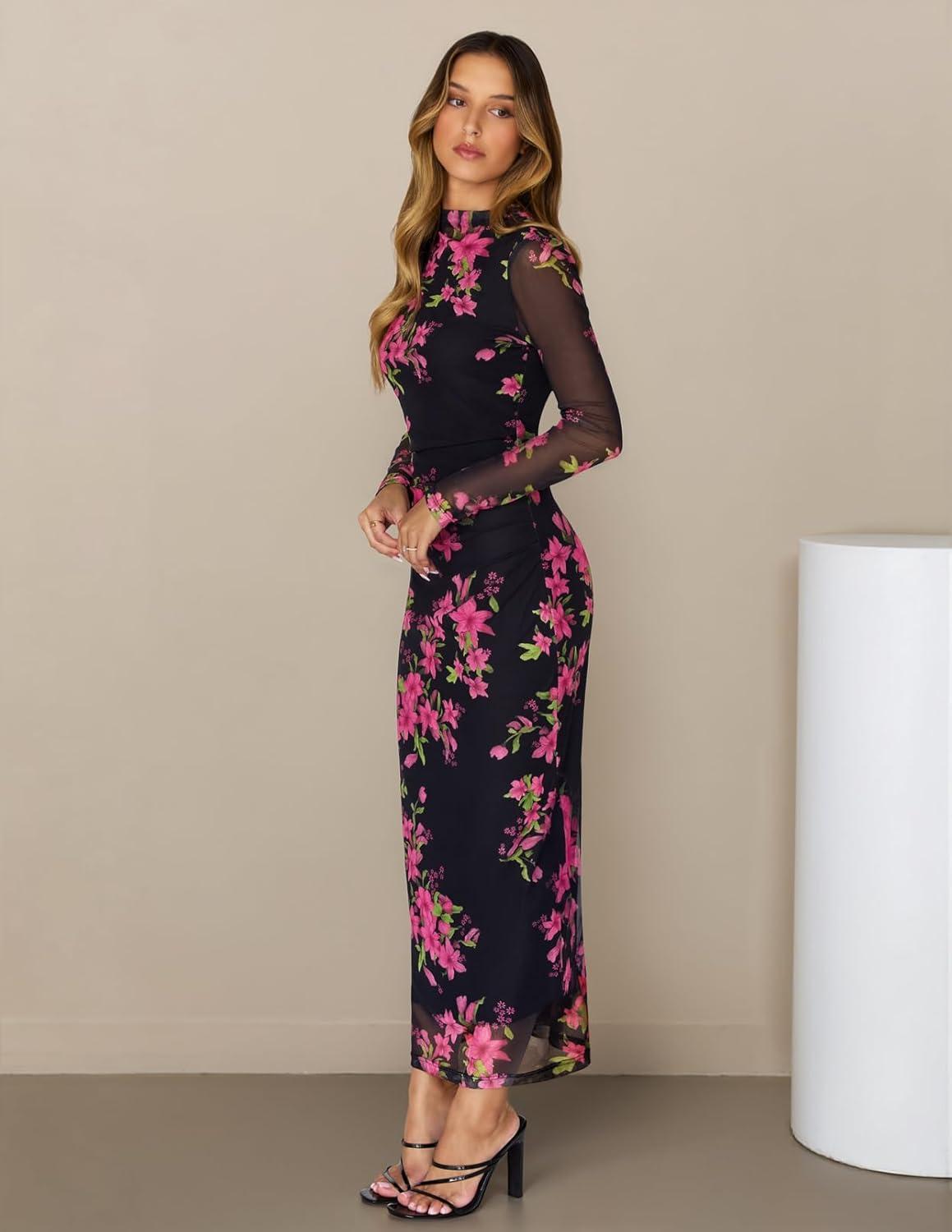 imageMEROKEETY Womens Spring Wedding Guest Dress 2026 Long Sleeve Bodycon Floral Mesh Fall Cocktail Holiday Party Maxi Dresses